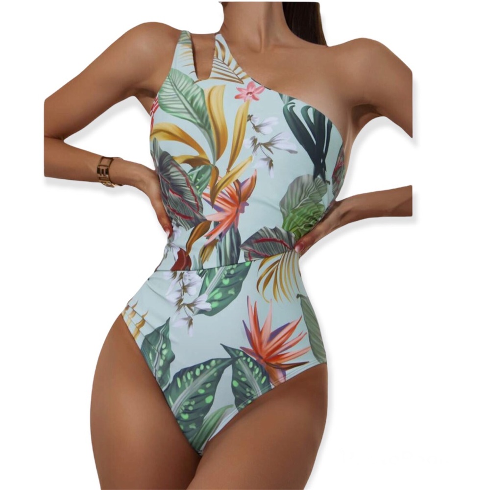 SHEIN Colorful Tropical One Shoulder One Pc Swimsuit Sz L